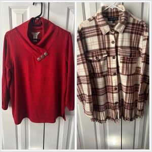 Red knit pullover and white, mauve, brown shirt